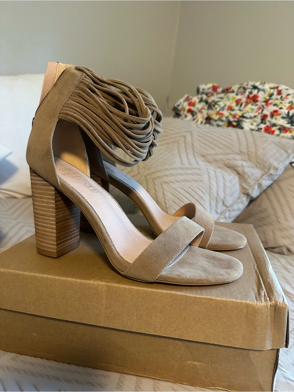 Fringed Ankle-Strap Block Heel Sandals in Taupe